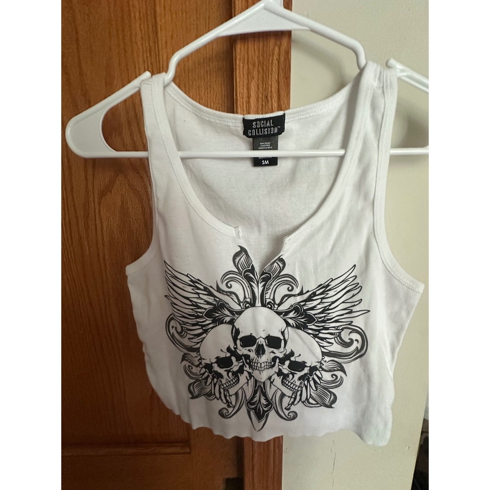 Social Collision Womens White Skull Graphic Ribbed Crop Tank Top Small  Y2K